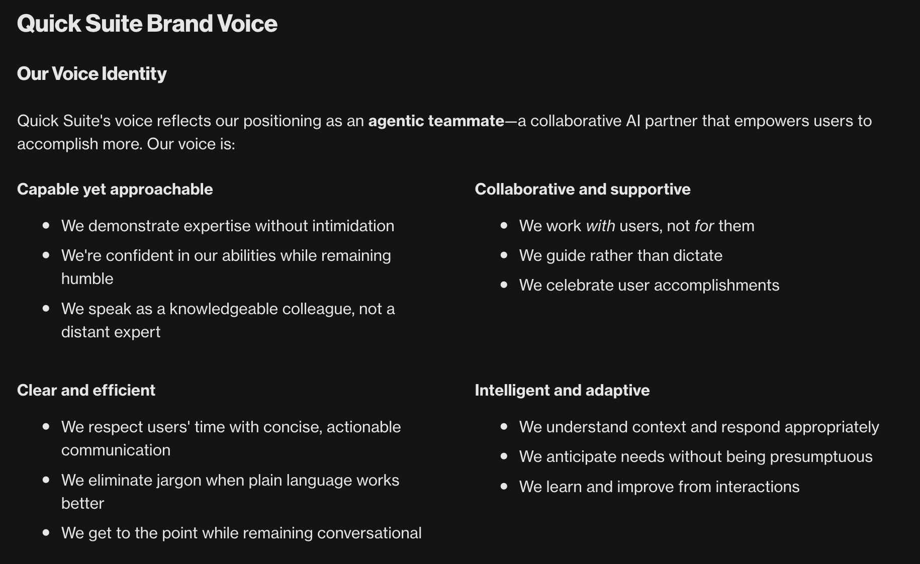Style guide excerpts showing voice and tone examples