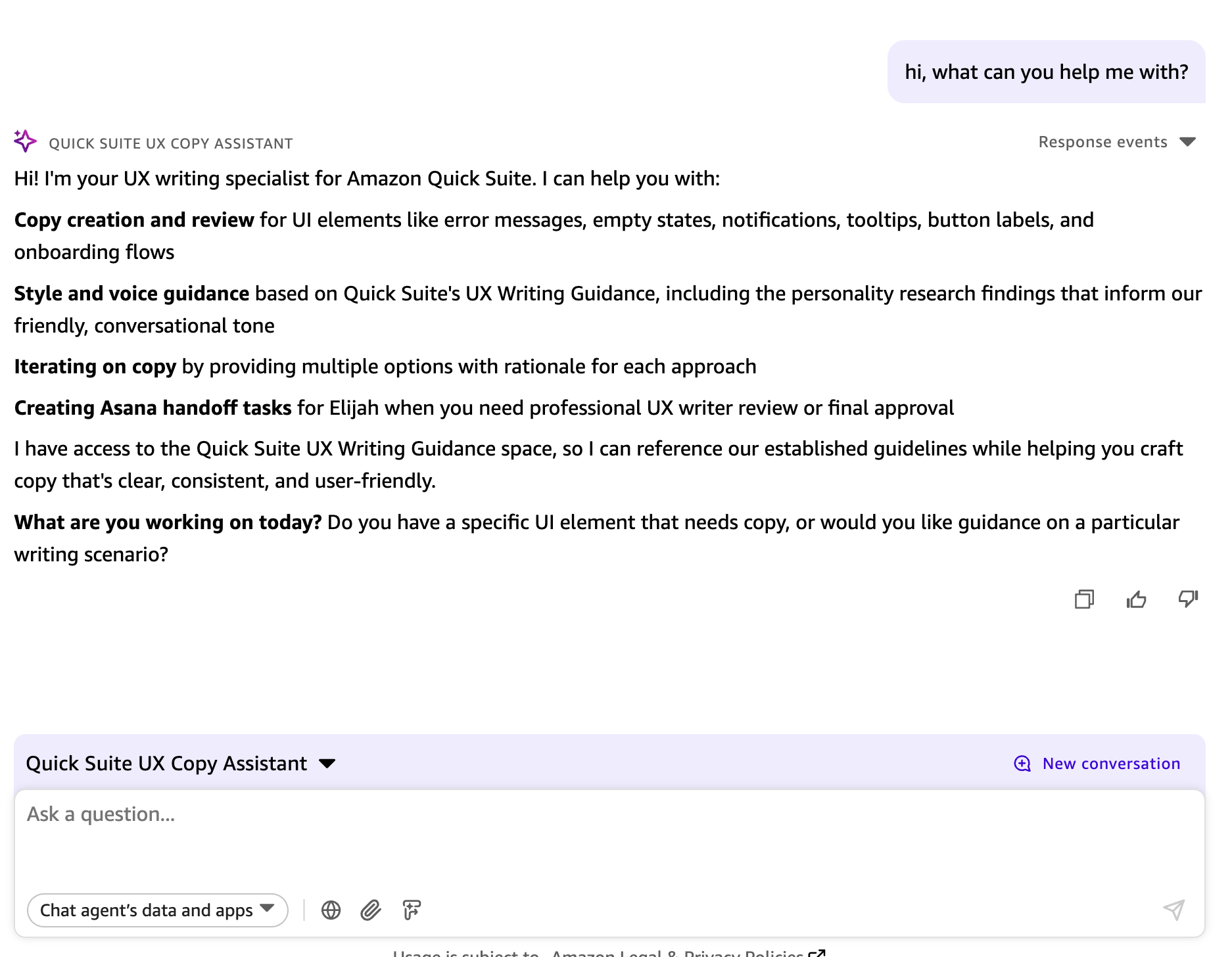 Chat agent interface showing how it can help